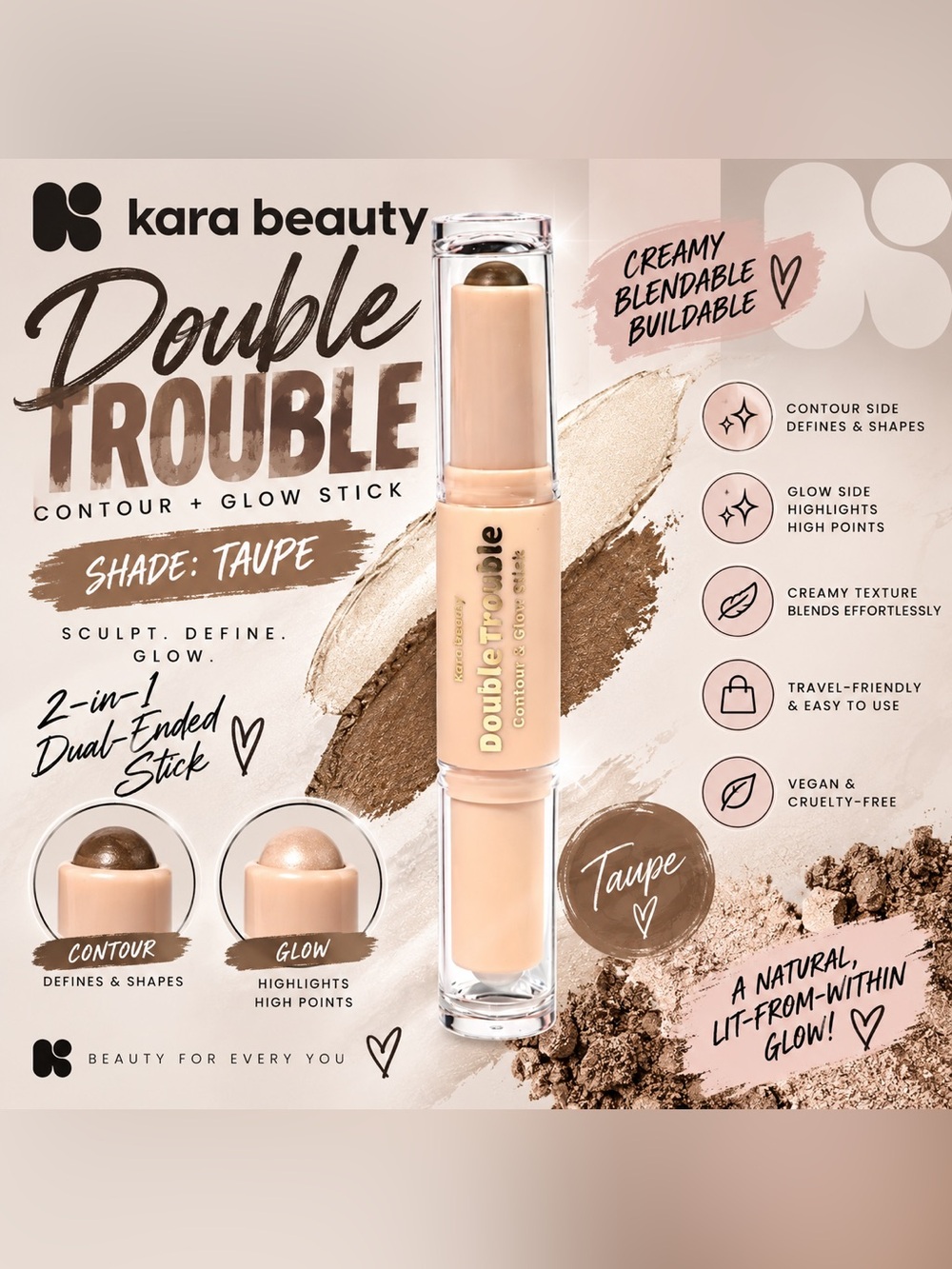 Kara Beauty Double Trouble Contour + Glow Stick Taupe NWT